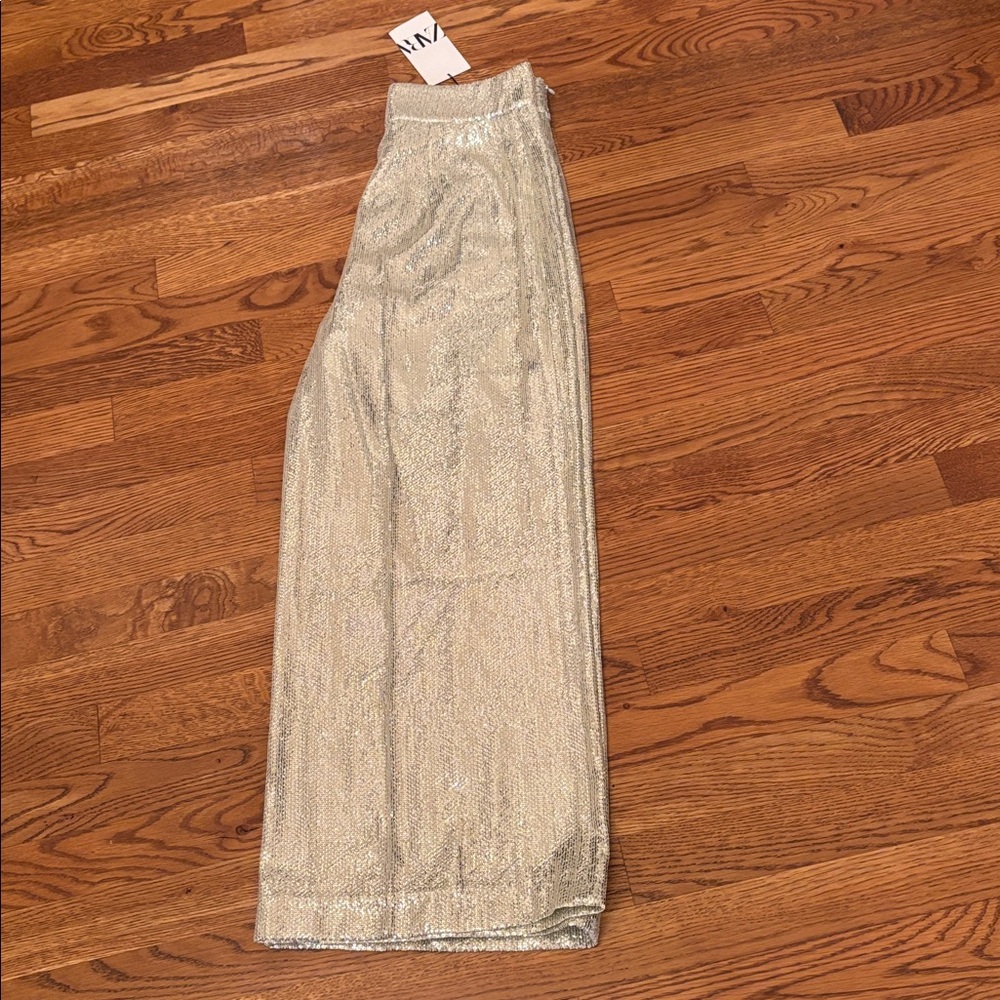 Zara gold sequined sparkly metallic wide leg pants sz.M - Picture 3 of 10